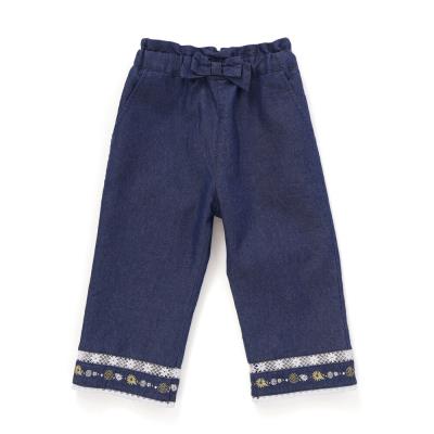 ♡bebe♡　0418 ウエストリボン裾レースお花シェル刺しゅう7分丈パンツ(90~130cm)(90cm