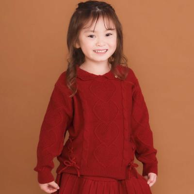 【ウォッシャブル加工】編み込みリボンハート柄 襟付きニットトップス(90~130cm)