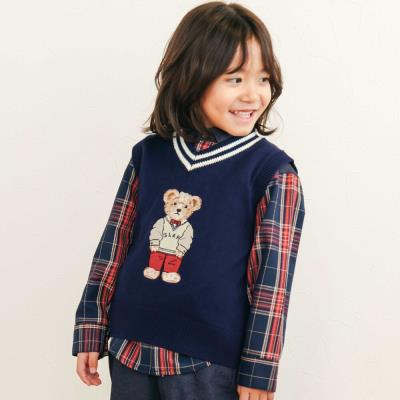 OY ニットベスト クマ ブルー クマ刺しゅうラインリブニットベスト(80~130cm)(80cm ネイビー