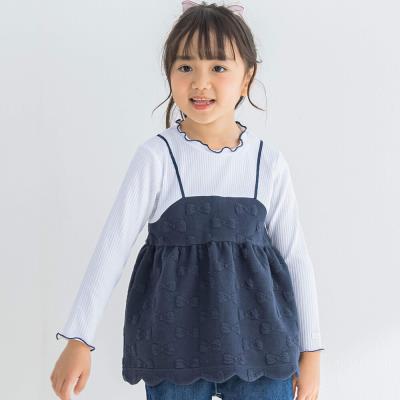 ハートリボン模様生地ドッキング長袖Tシャツ(80~140cm)(80cm ネイビー 