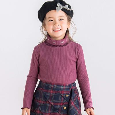 リボン刺しゅうヒラヒラ折り返し襟ハイネックTシャツ(80~140cm)