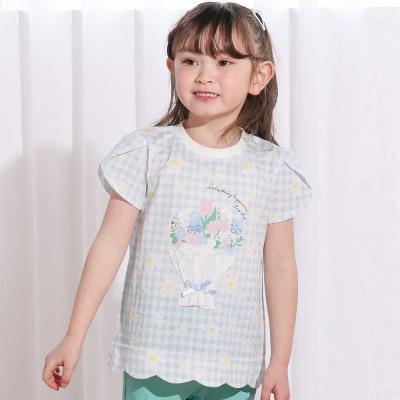 【お揃い】花モチーフ付き裾スカラップ天竺半袖Tシャツ(80~130cm)