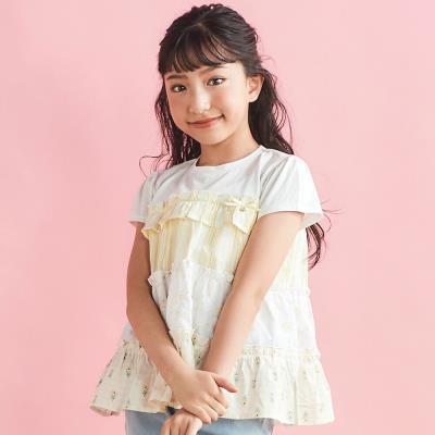 【お揃い】ストライプ総柄切り替えティアード天竺半袖Tシャツ(80~130cm)