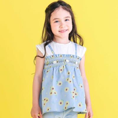 【お揃い】ハート&ひまわり総柄刺しゅう肩フリルレース&デニムビスチェ(80~130cm)