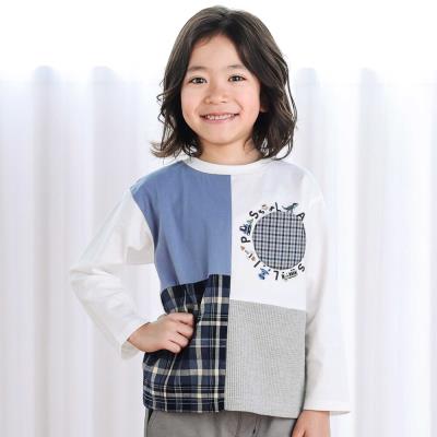 【お揃い】モチーフ刺しゅうチェック切り替え長袖Tシャツ(80~130cm)