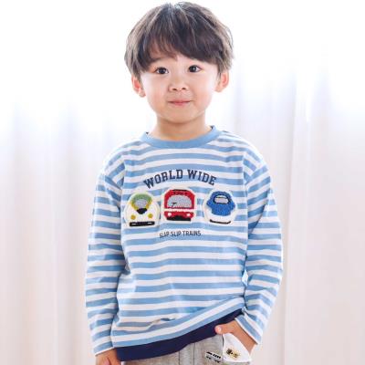電車モチーフサガラ刺しゅうボーダー柄長袖Tシャツ(80~130cm)