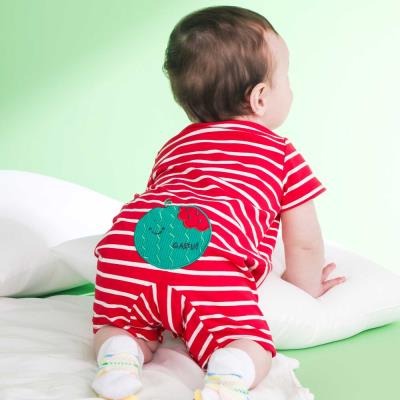 【お揃い】お尻フルーツモチーフパッチボーダー天竺カバーオールベビー(60~80cm)