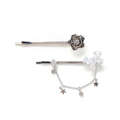 花リボン蝶々モチーフ付きシルバーヘアピン