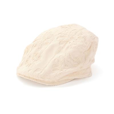 ドットチェックストライプ花刺しゅうハンチング帽