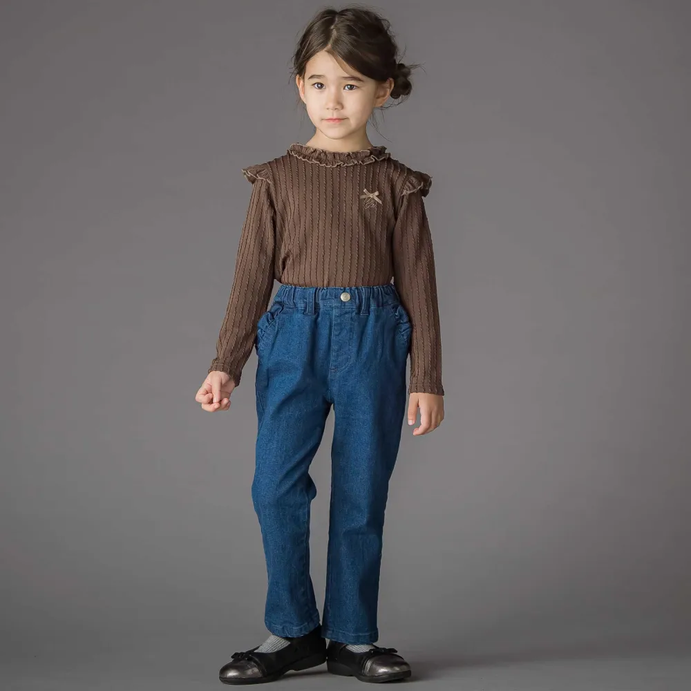 子供服 GIRL'S STYLE.14: 立体リブTシャツとフリルデニムパンツによる愛されガーリー秋冬コーディネート