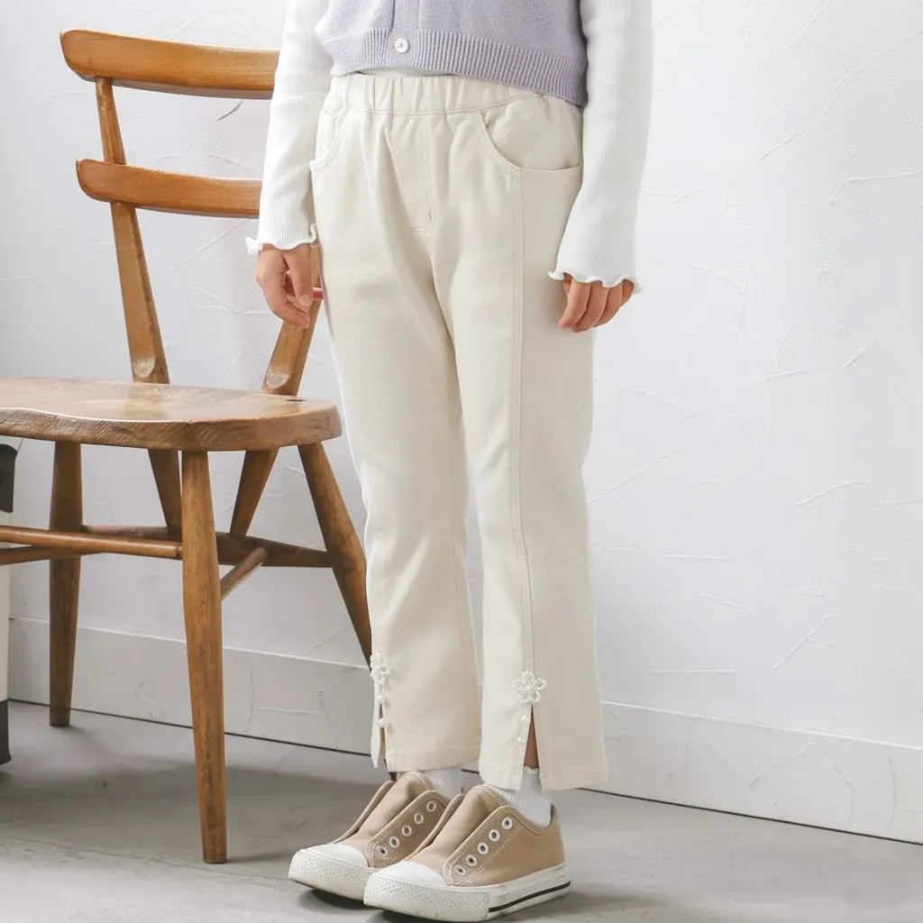 裾スリットパール花付きツイルデニムパンツ(90~130cm)