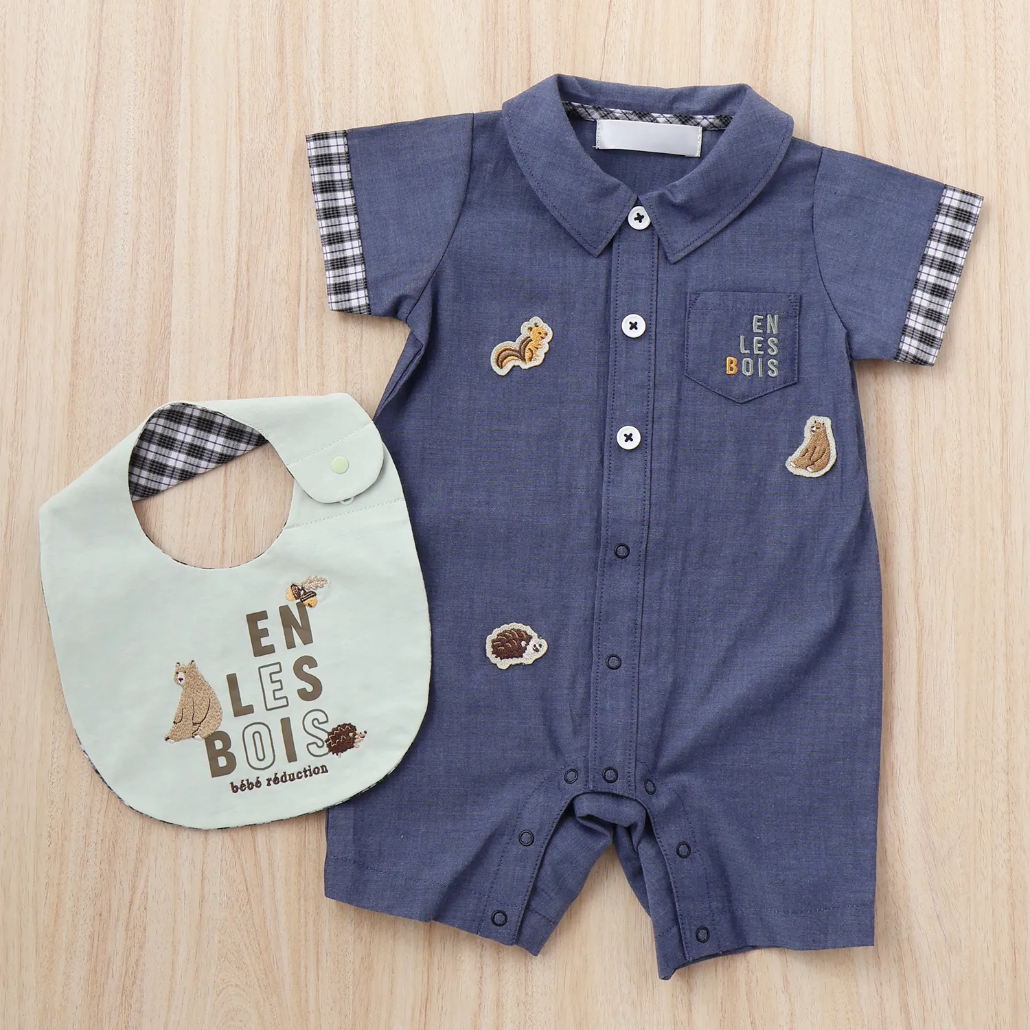 予算8000円～15000円:ダンガリーのシャツロンパース、動物プリントのスタイと一緒に