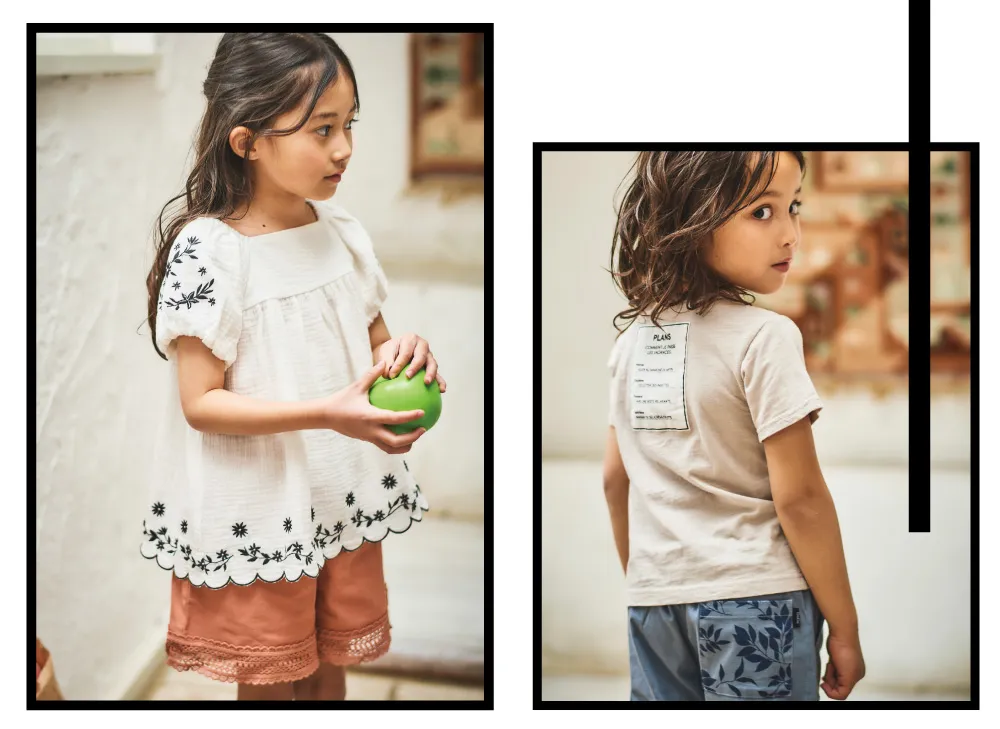 リンゴを持つ女の子と男の子のコーディネート