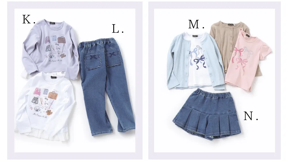 BeBe（べべ）2025年8月コレクション：子供用アンサンブルとパンツのコーディネート
