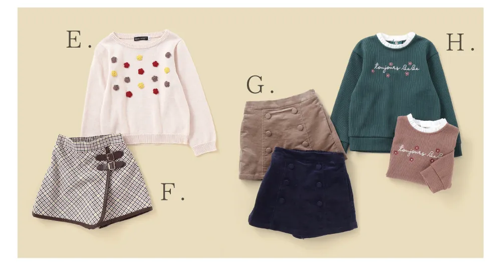 BeBe GIRLS 2025秋冬コレクション 刺繍入りトレーナーとチェックパンツの暖かみのあるスタイル