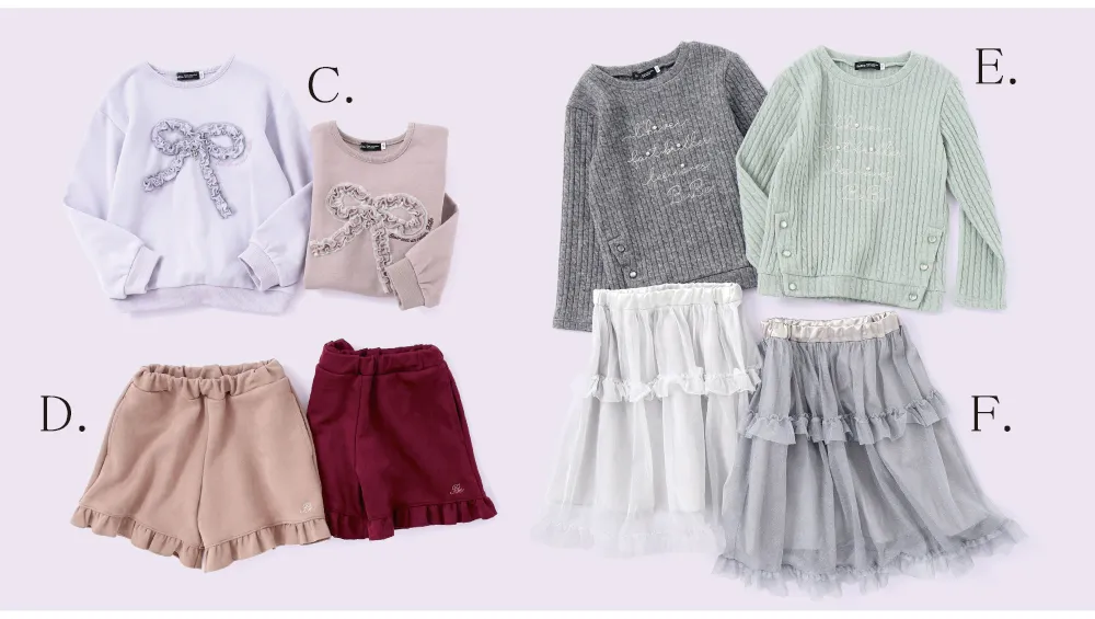 BeBe 2025年秋冬11月 ガールズ「コペンハーゲン」テーマのダウンコート、トレーナーなど全アイテム集合写真