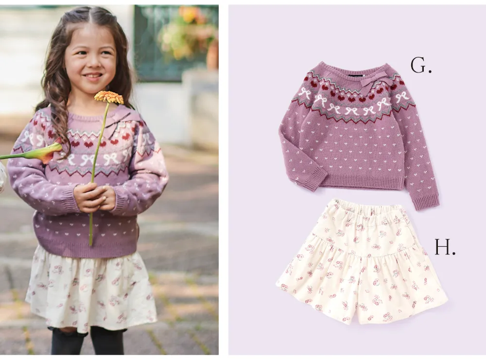 BeBe 2025年秋冬11月 ガールズ「コペンハーゲン」テーマのニット、スカート、キュロットなどの商品ラインナップ