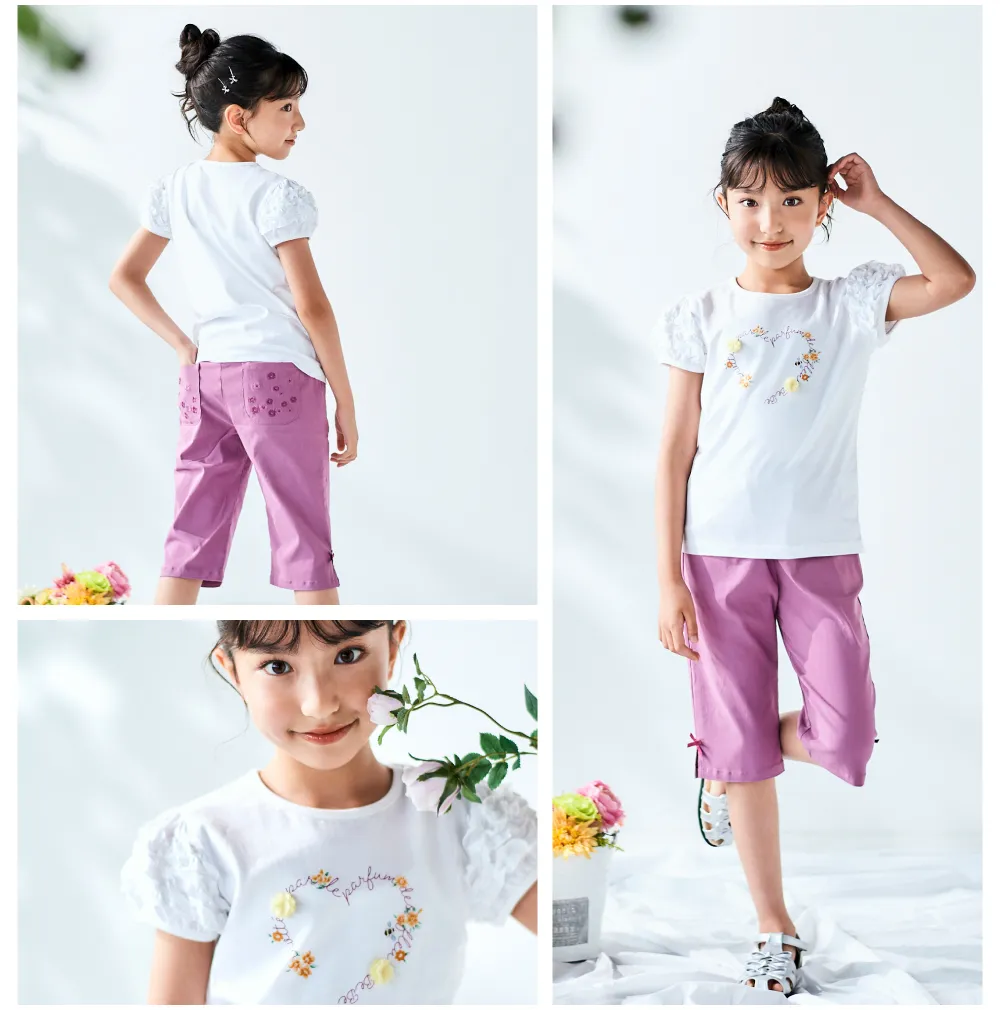 BeBe（ベベ）リリアナ 2025年春夏 女の子向けコーディネート例2着用アイテム詳細：花柄Tシャツ、フリルショートパンツ