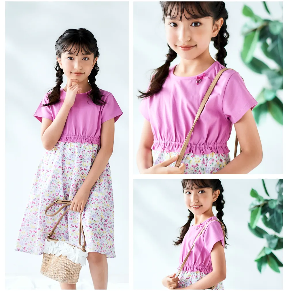 BeBe（ベベ）リリアナ 2025年春夏 女の子向けコーディネート例3着用アイテム詳細：ロゴTシャツ、ジャンパースカート、リボン付きかごバッグ