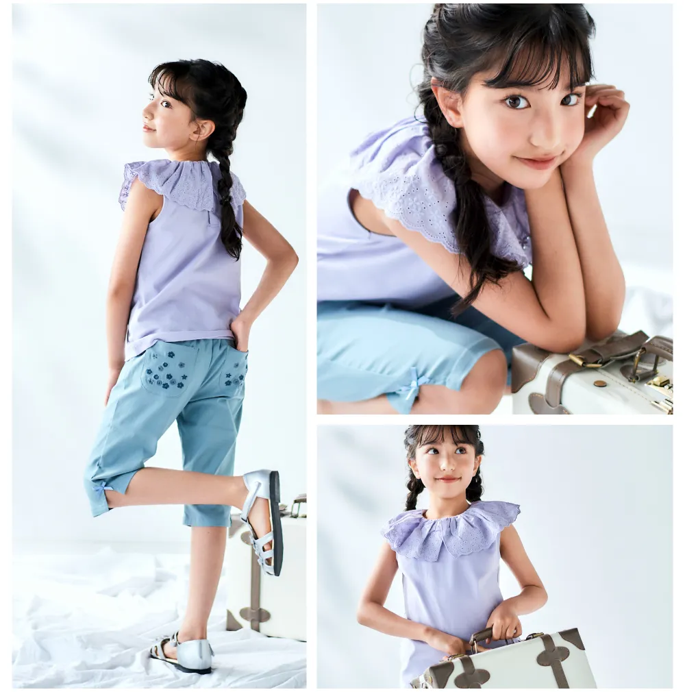 BeBe（ベベ）リリアナ 2025年春夏 女の子向けコーディネート例4着用アイテム詳細：フリルブラウス、チェック柄パンツ