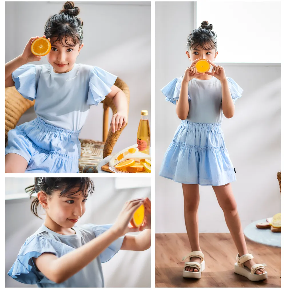 Noeil aime BeBe（ノイユ エーム ベベ）リリアナ 2025年春夏 女の子向けコーディネート例3着用アイテム詳細：ボーダー柄トップスセット、デニム風パンツ