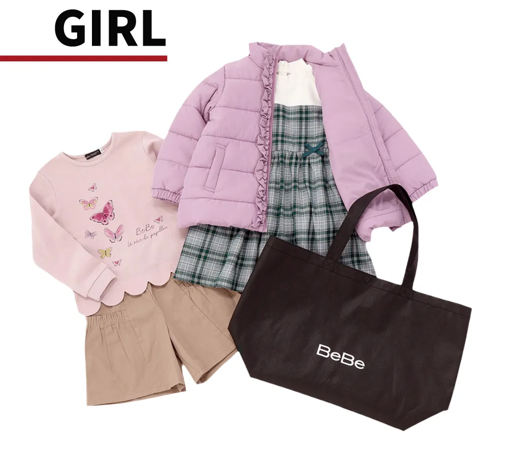 BeBe 女の子福袋 2026 グリーンチェック柄トレーナーのディテール