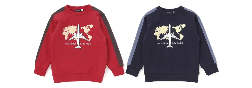 BeBe × JAL コラボ 飛行機刺しゅう袖切り替えラグランTシャツのカラーバリエーション