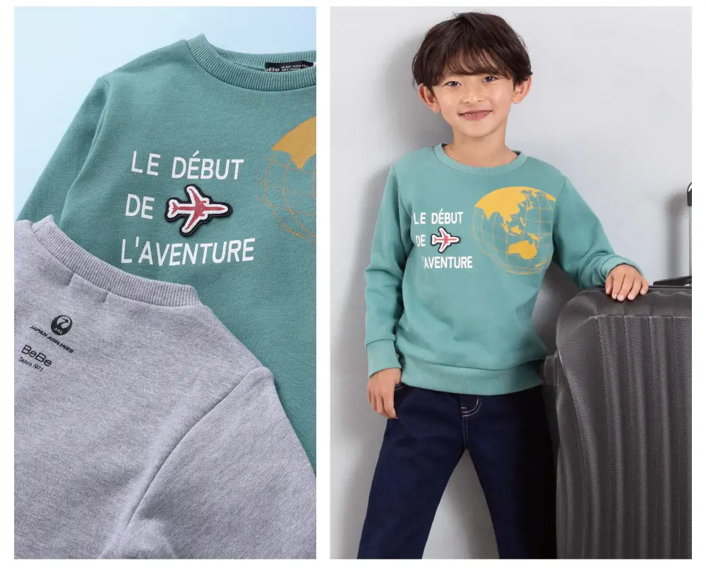 BeBe × JAL コラボ 地球儀＆飛行機ワッペントレーナーの拡大。立体的なフェルトワッペンが特徴