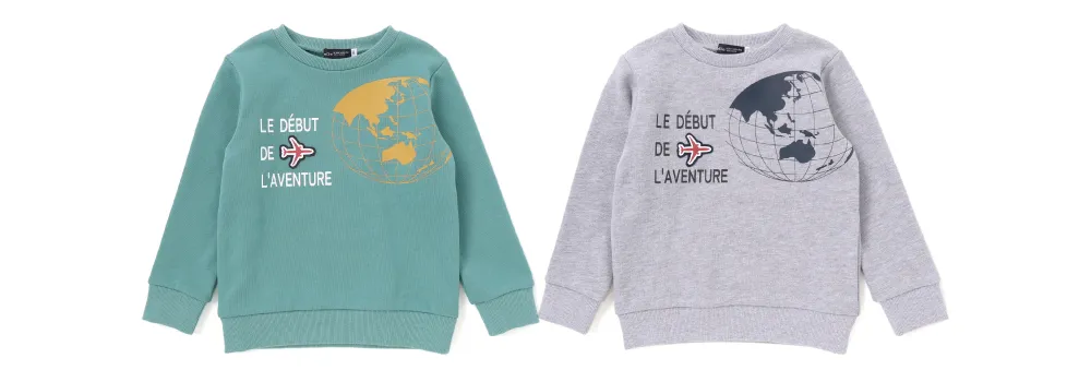 BeBe × JAL コラボ 地球儀＆飛行機ワッペントレーナーのカラーバリエーション