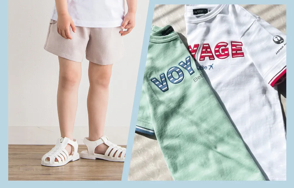 BeBe × JAL コラボ VOYAGEボーダーロゴパッチ半袖Tシャツの拡大。