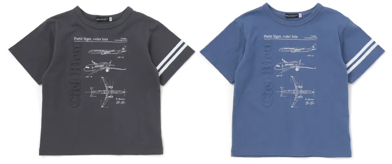 BeBe × JAL コラボ 飛行機図面エンボス加工ロゴ半袖Tシャツのカラーバリエーション