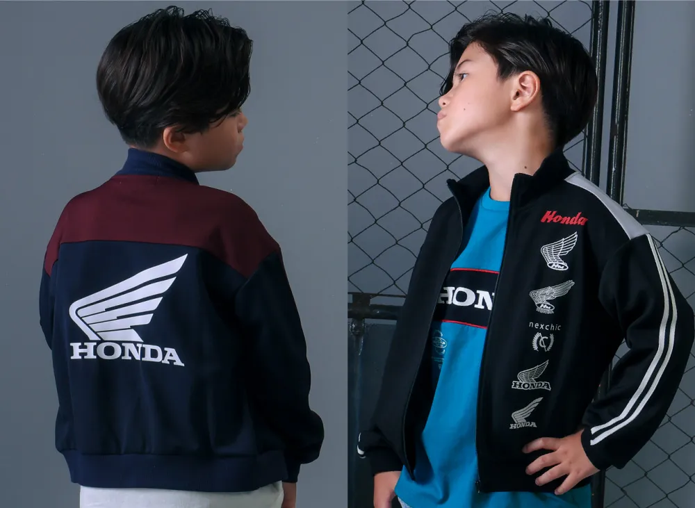 nexchic HONDAコラボ トラックジャケットのフロント。HONDA歴代ウィングマークが並ぶデザイン