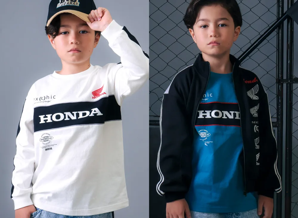 nexchic HONDAコラボ 切り替えトレーナーのバックプリント。鮮やかなHONDA REDウィングロゴ