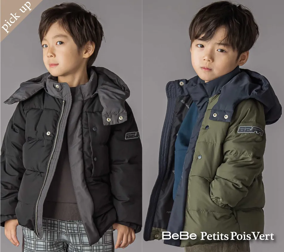 配色デザインのダウンジャケット フード着脱可能 ラバーワッペン付き