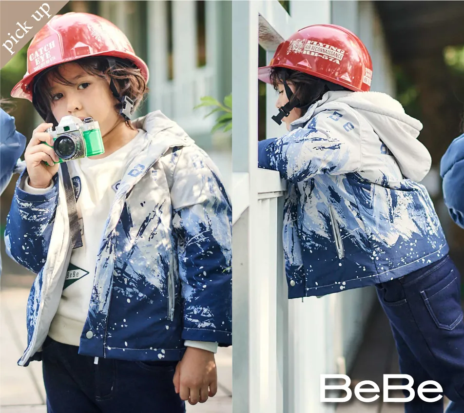 氷山プリントのお洒落な中綿ジャケット フード裏ファー付き