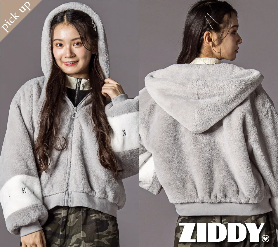 ZIDDY ファーアウター 袖ロゴ刺繍 ゆったりデザイン