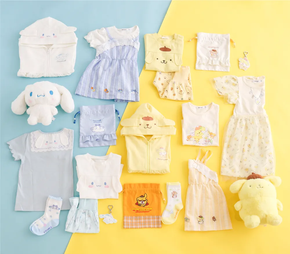 シナモロールとポムポムプリンのキャラクターモチーフが可愛い子供服着用イメージ