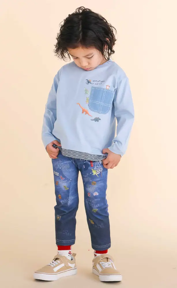 レイヤード風デニムポケット天竺長袖Ｔシャツ&デニム裏プリントミラノリブ8分丈パンツ