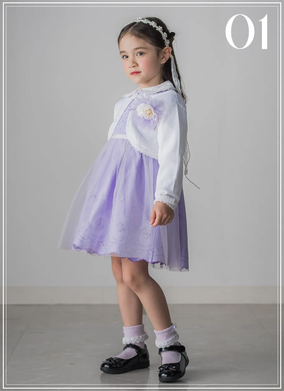 SLAP SLIP 刺しゅうレースのパープルワンピースにニットボレロを合わせた華やかな入学式コーディネート
