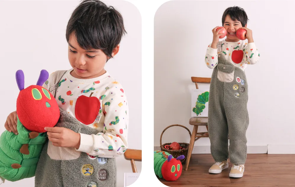 りんごモチーフのはらぺこあおむしトレーナー（ホワイト系/ネイビー）商品アップ画像