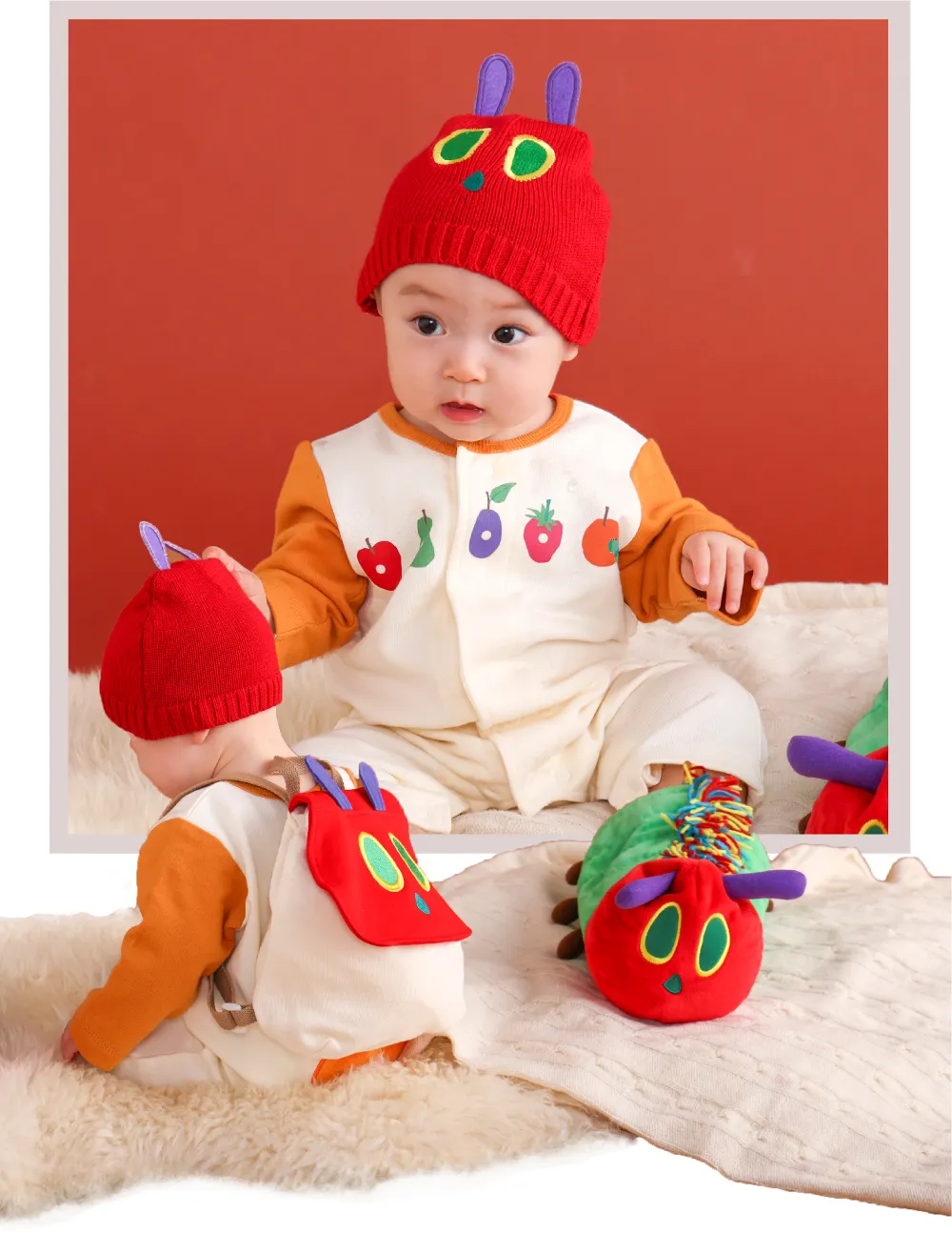 はらぺこあおむしとフルーツがプリントされたロンパースの着用イメージ