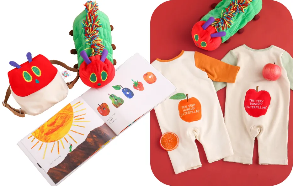 はらぺこあおむしベビーリュックとロンパースを合わせた赤ちゃんの着用例