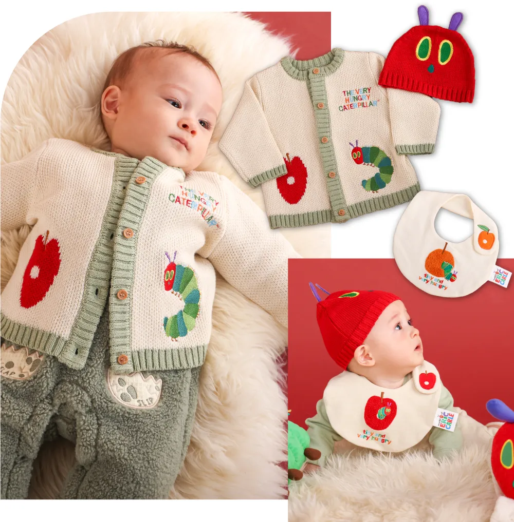 はらぺこあおむしニットカーディガン、ニット帽、スタイを着用したベビーギフトにおすすめのコーディネート