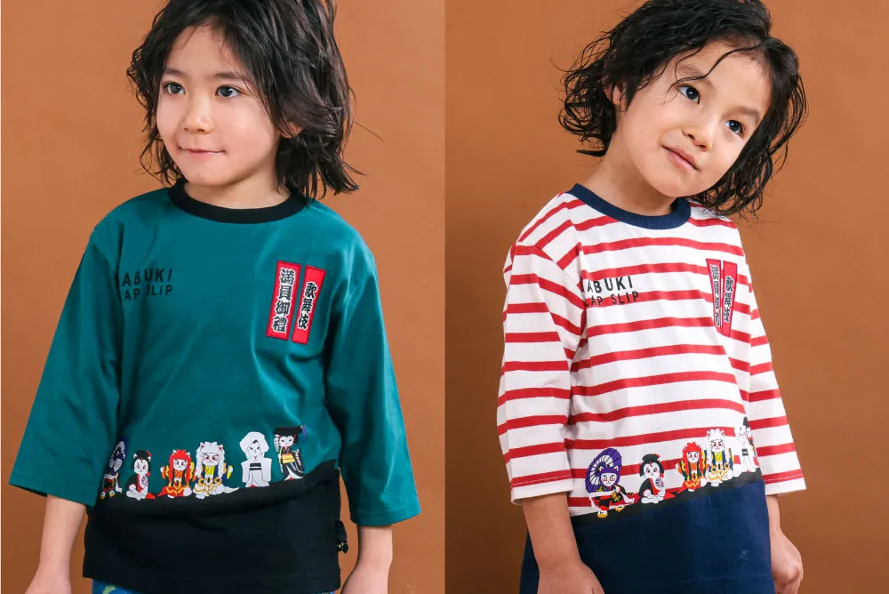 猫が歌舞伎役者に扮した可愛らしいデザインの七分袖Tシャツ