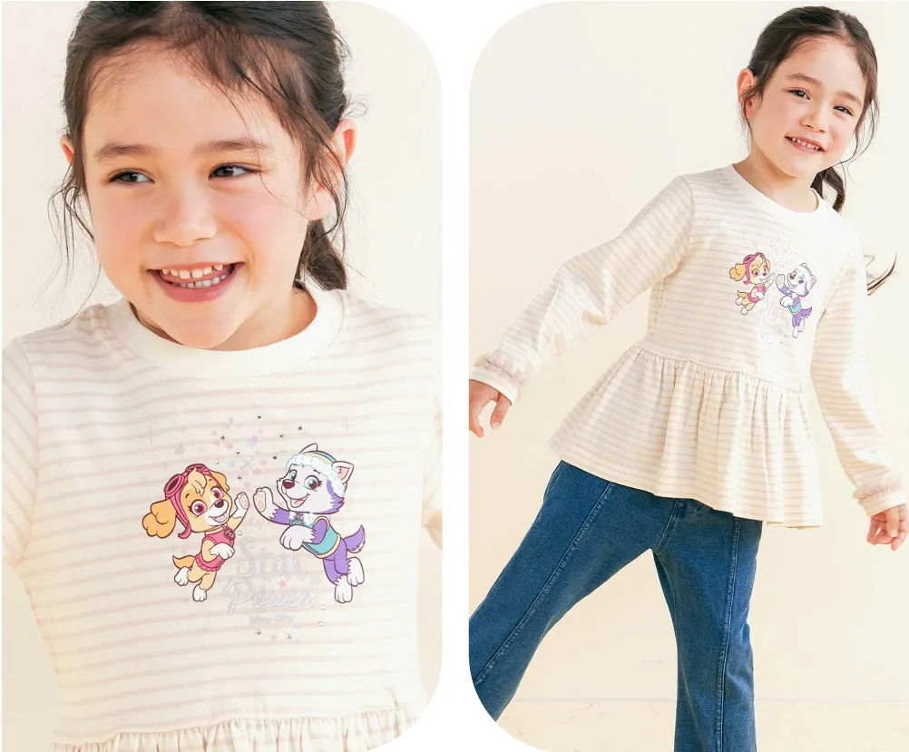 SLAP SLIP（スラップスリップ）パウ・パトロール「スカイ＆エベレスト」プリントTシャツのラメプリントとストーンディテール（子供向け）