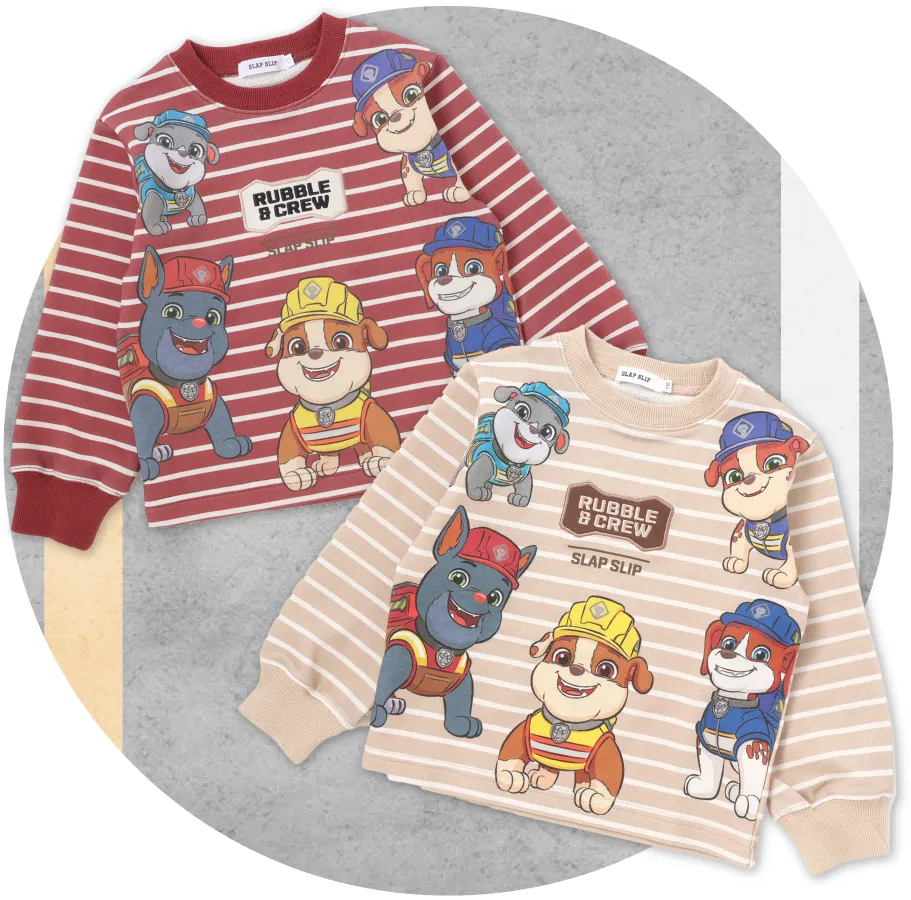 SLAP SLIP ラブル＆クルー ビッグプリントトレーナー フロントパッチ刺繍ディテール