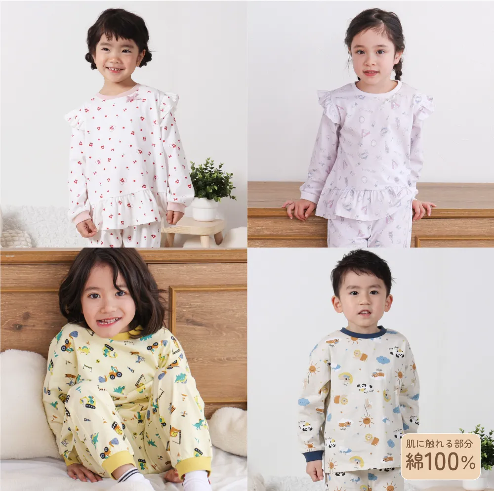 女の子モデルが着用した長袖キルトみんみんパジャマの総柄デザイン
