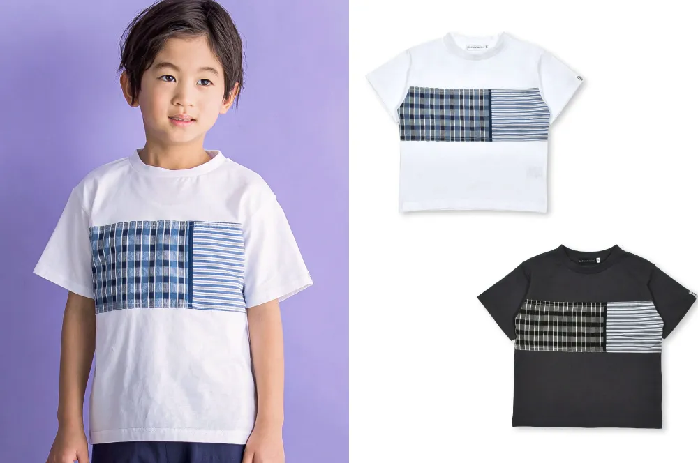 【限定商品】チェック＋ボーダー切り替えTシャツ(95~150cm)