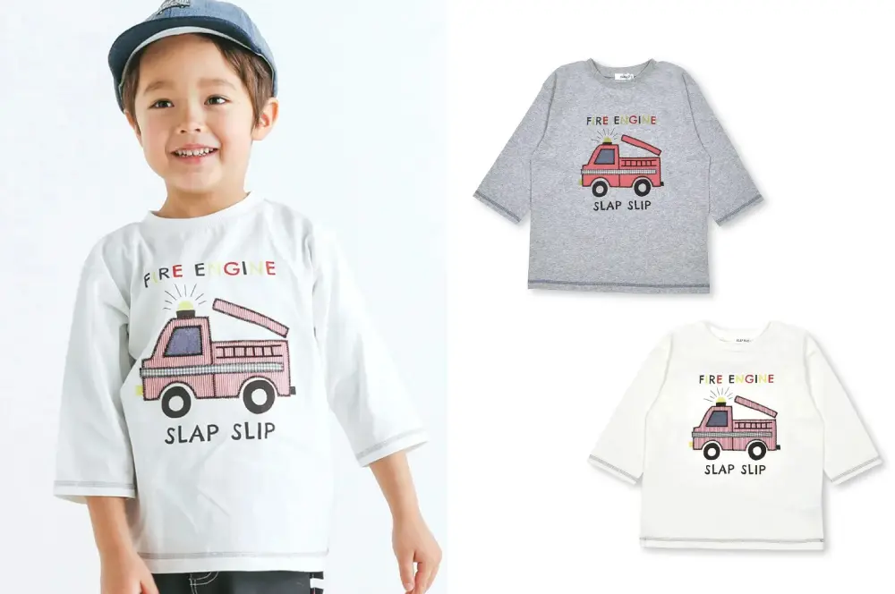 消防車パッチ刺しゅう7分袖Tシャツ(80~130cm)