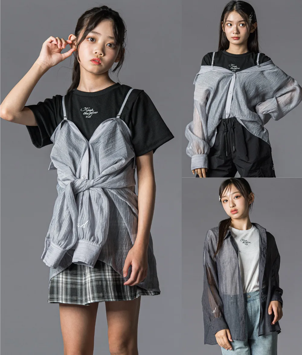 ZIDDY（ジディー）秋の新作：子供が着用する半袖Tシャツとシアーシャツのセット